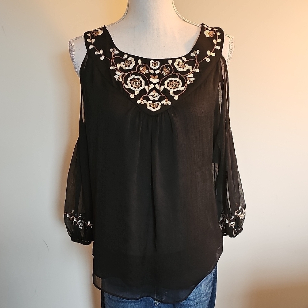 White House Black Market Black Blouse with Floral Embroidery